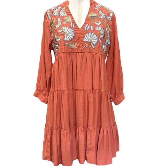 entro Dresses & Skirts - Embroidered Floral Boho Tiered Skirt Hippie Cottagecore Terra Cotta Sm